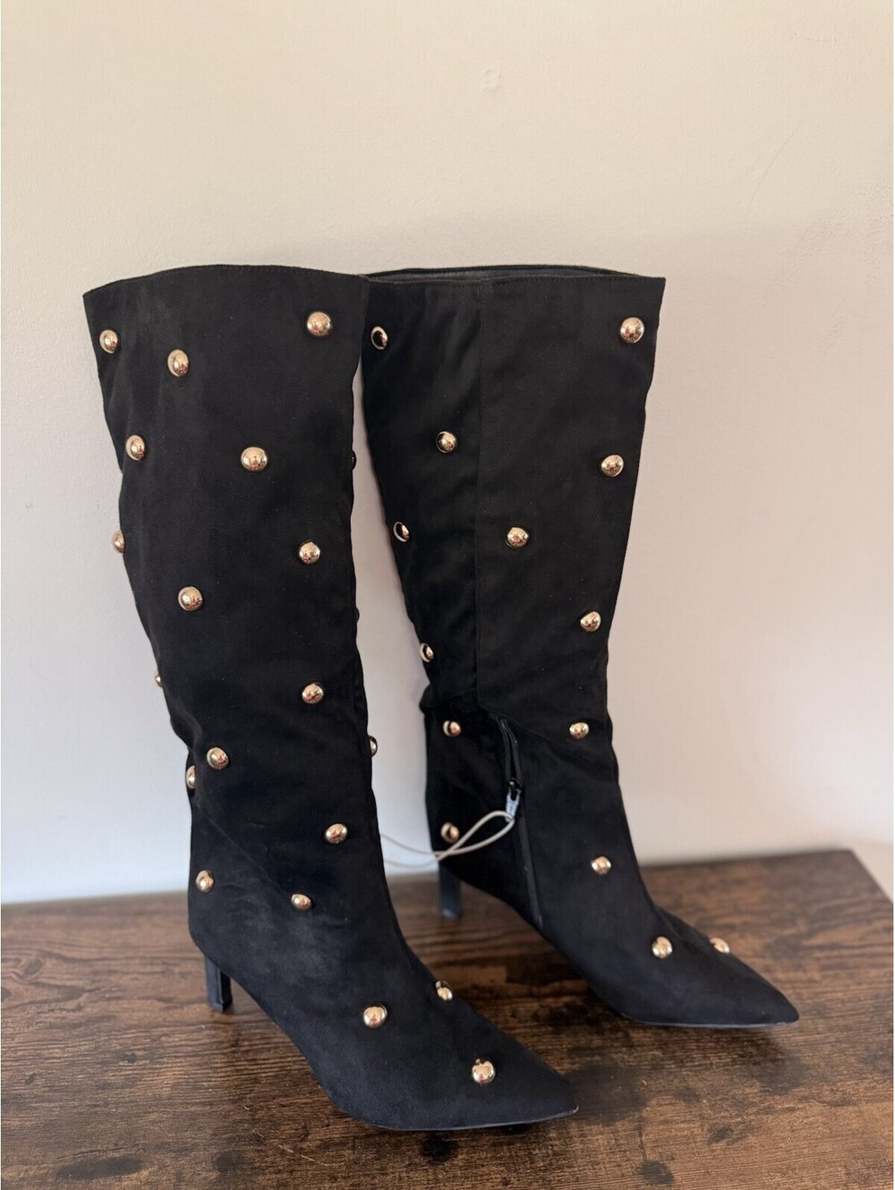 A New Day Womens Black Faux Suede Gold Studded Pointed Toe Kitten Heel Boots 7